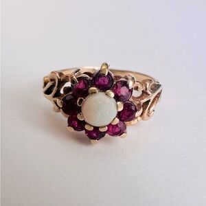 Antique opal and ruby cluster ring